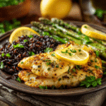 One-pan lemon garlic tilapia served with rice and asparagus