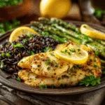 One-pan lemon garlic tilapia served with rice and asparagus