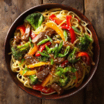 Beef and veggie teriyaki noodles in bowl