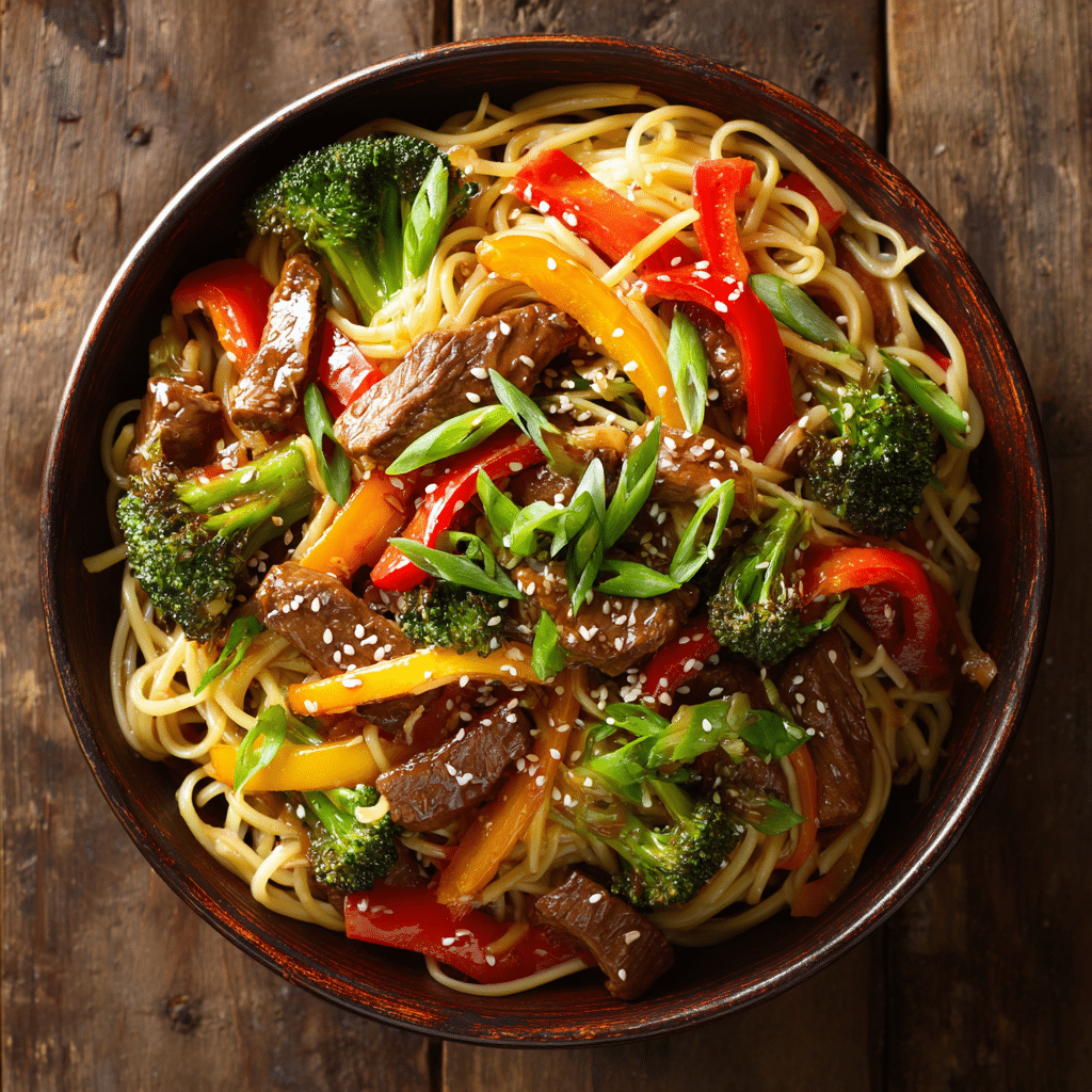 Beef and veggie teriyaki noodles in bowl