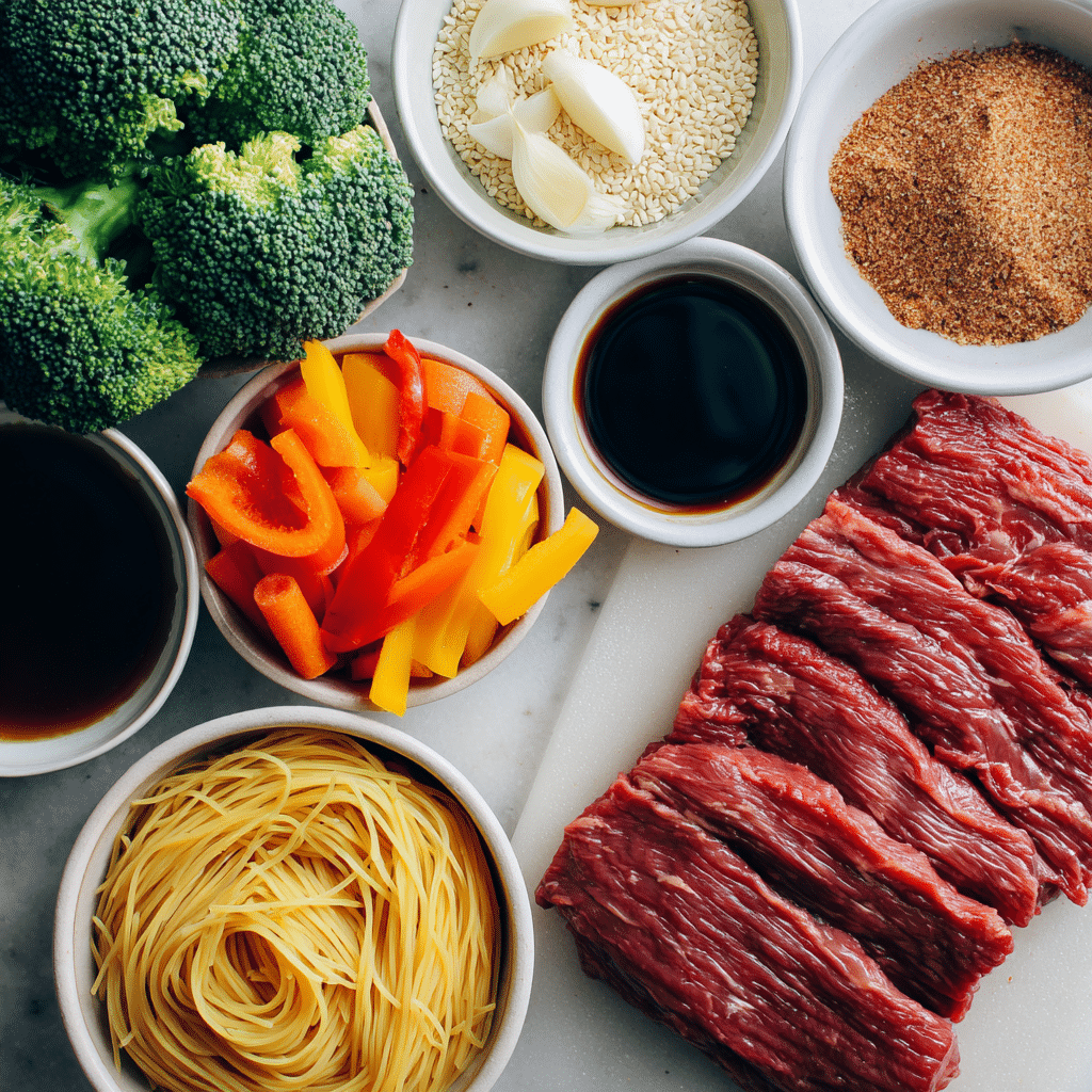 Ingredients for beef and veggie teriyaki noodles