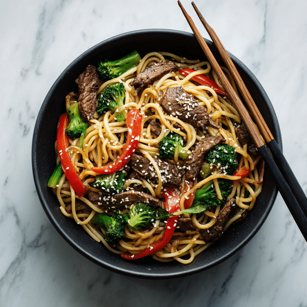 Plated beef and veggie teriyaki noodles