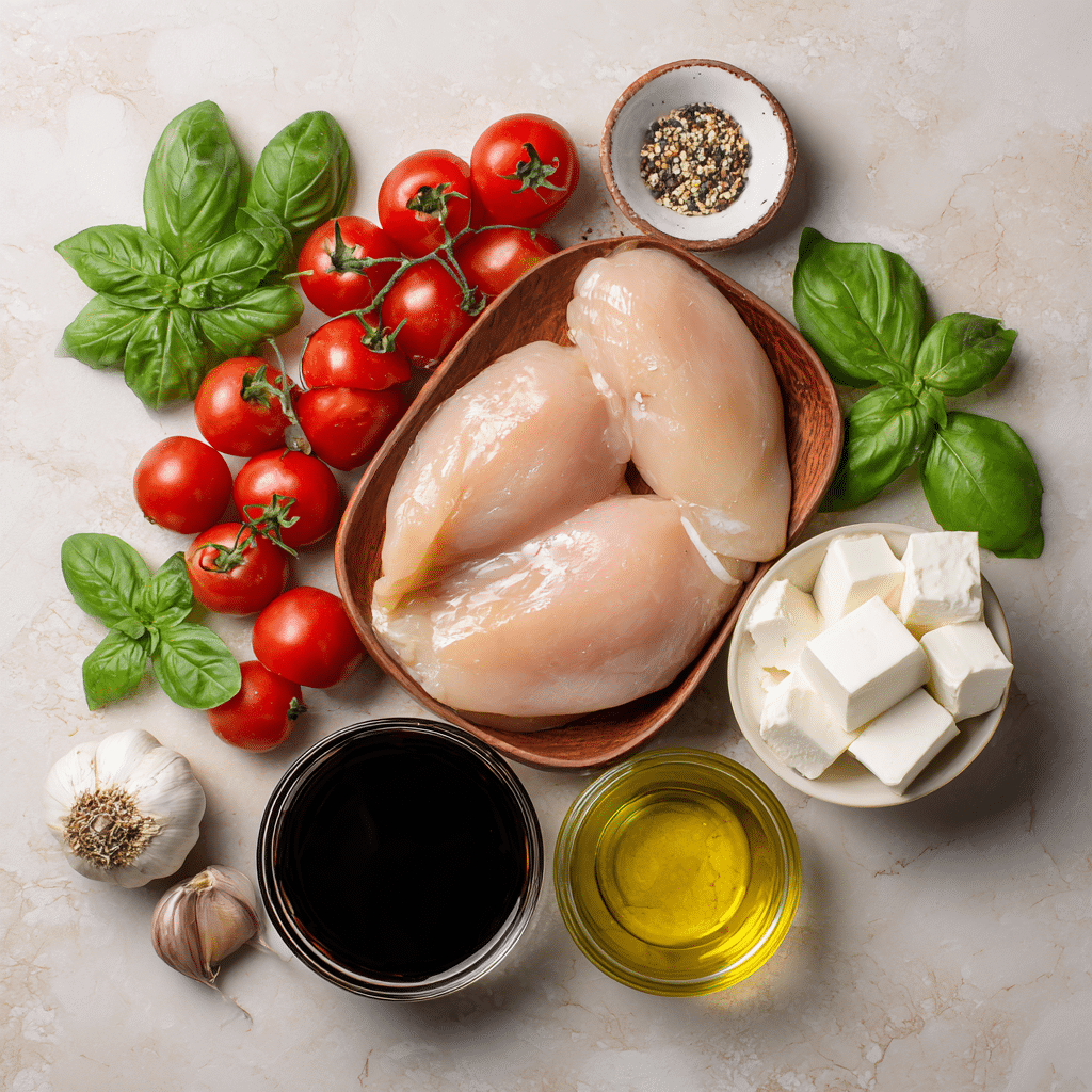 Caprese Chicken Skillet ingredients including chicken, mozzarella, basil, and tomatoes