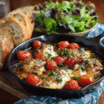 Caprese Chicken Skillet plated with crusty bread and salad