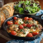 Caprese Chicken Skillet plated with crusty bread and salad