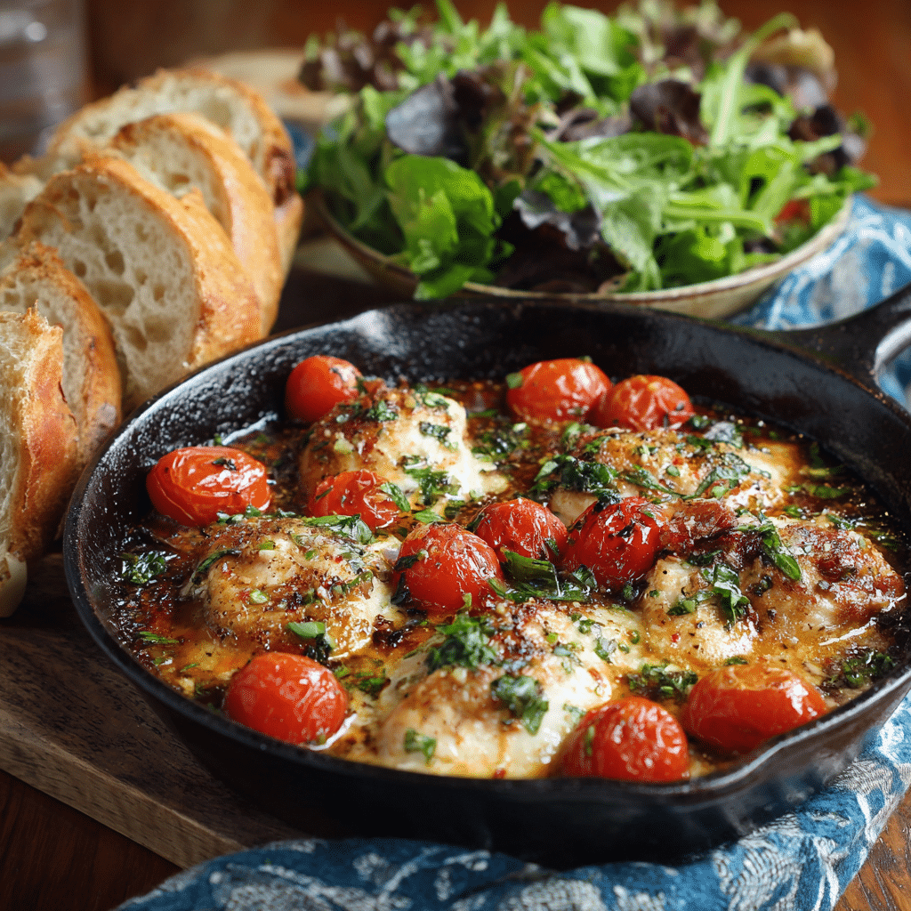 Caprese Chicken Skillet plated with crusty bread and salad