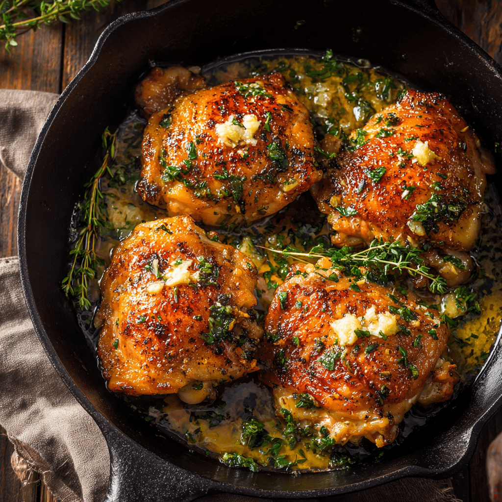 Garlic butter chicken thighs in skillet with crispy skin