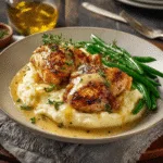 Served garlic butter chicken thighs with mashed potatoes