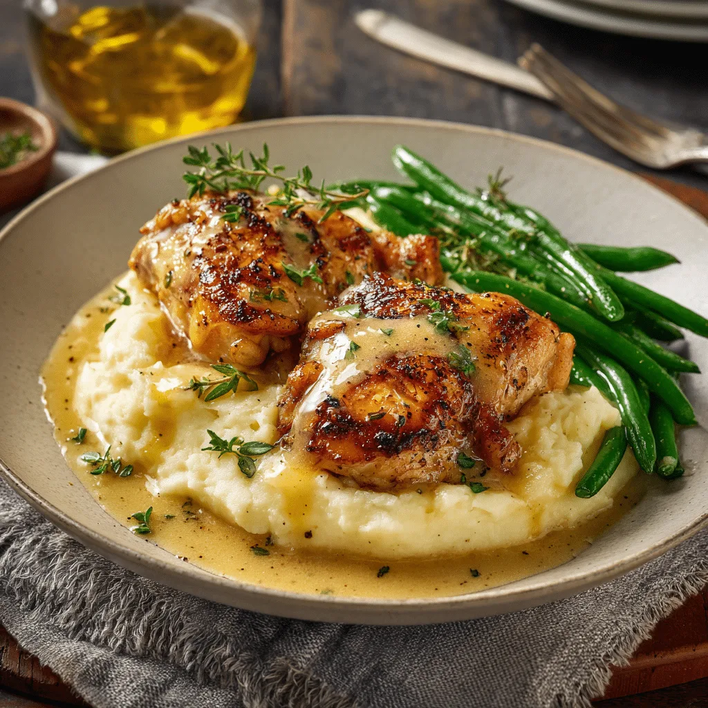 Served garlic butter chicken thighs with mashed potatoes