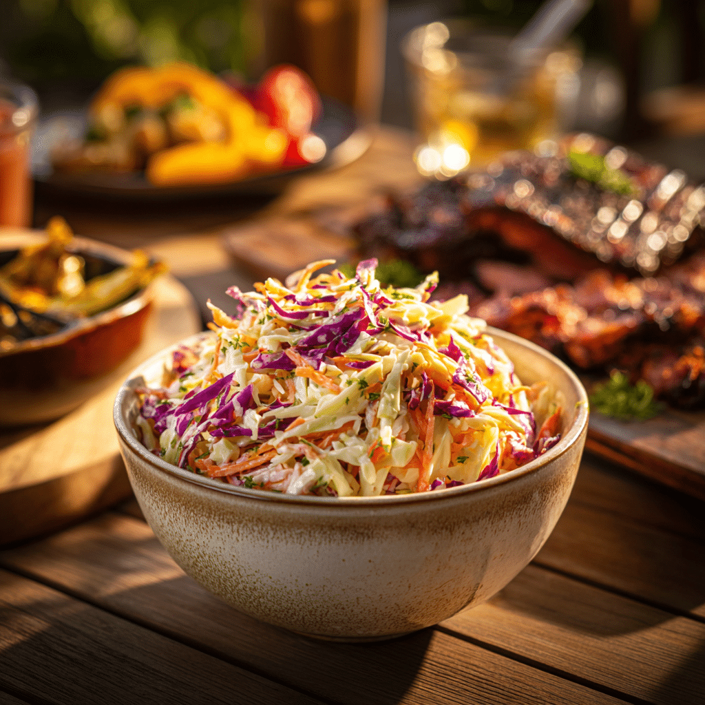  Marinated coleslaw served in a bowl with BBQ sides