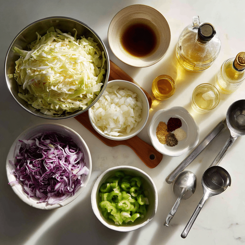 Ingredients for making marinated coleslaw laid out