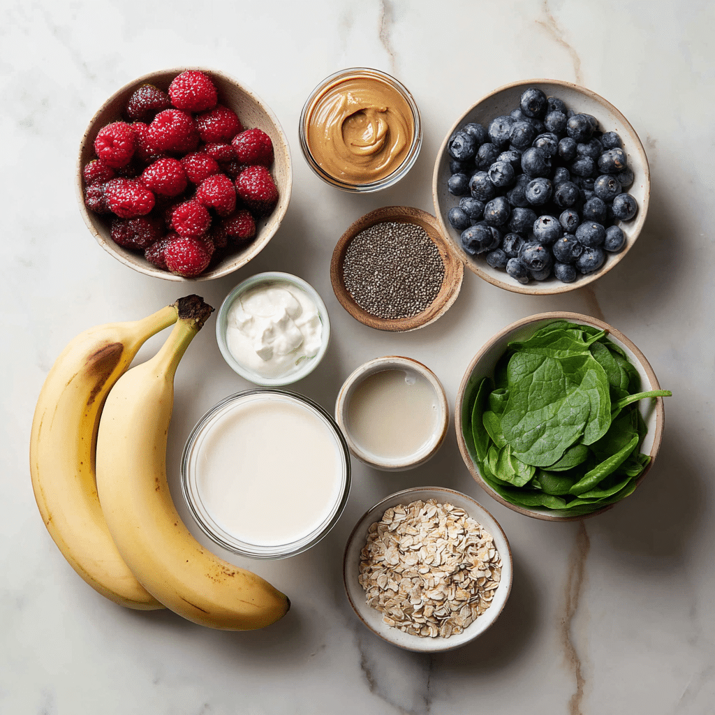 Morning smoothie ingredients like fruit, yogurt, and greens
