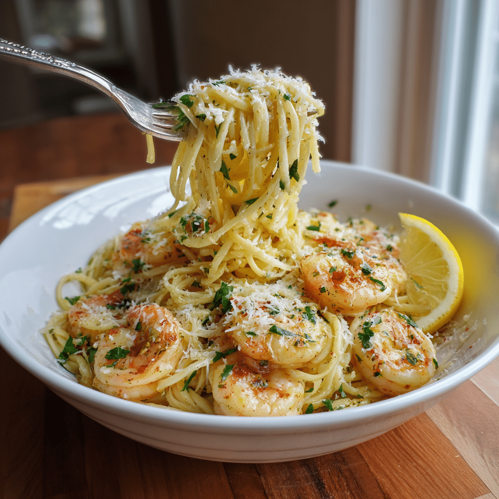 : Bowl of garlic butter shrimp pasta with garnish