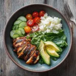 High-protein low-carb bowl with grilled chicken, avocado, and cauliflower rice