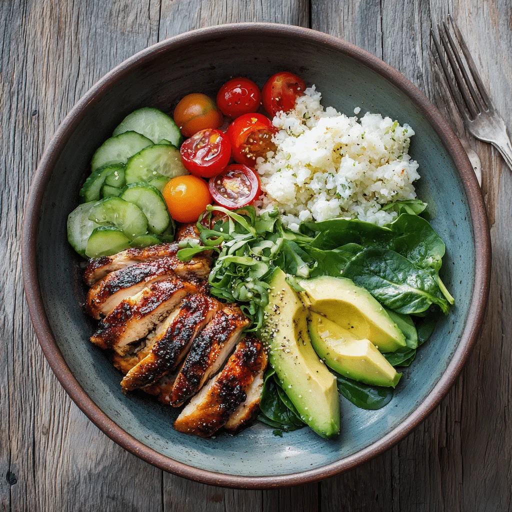 High-protein low-carb bowl with grilled chicken, avocado, and cauliflower rice
