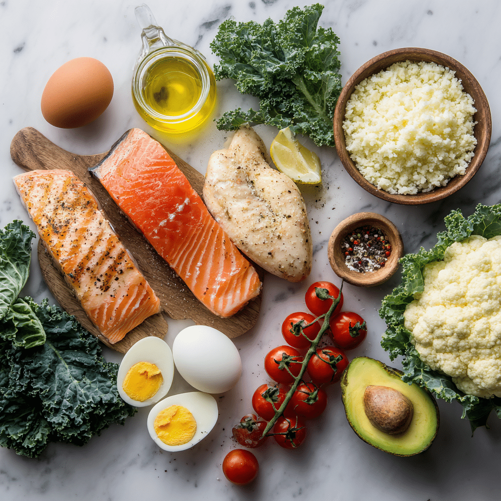 Low-carb high-protein bowl ingredients arranged on a kitchen counter