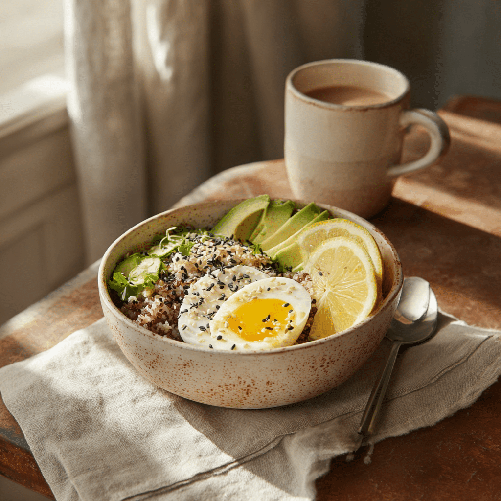 Served high-protein low-carb bowl with egg, avocado, and lemon
