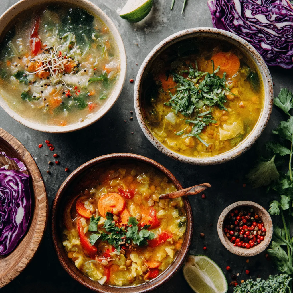 Weight loss soup recipes featuring cabbage, lentil, and Thai soup