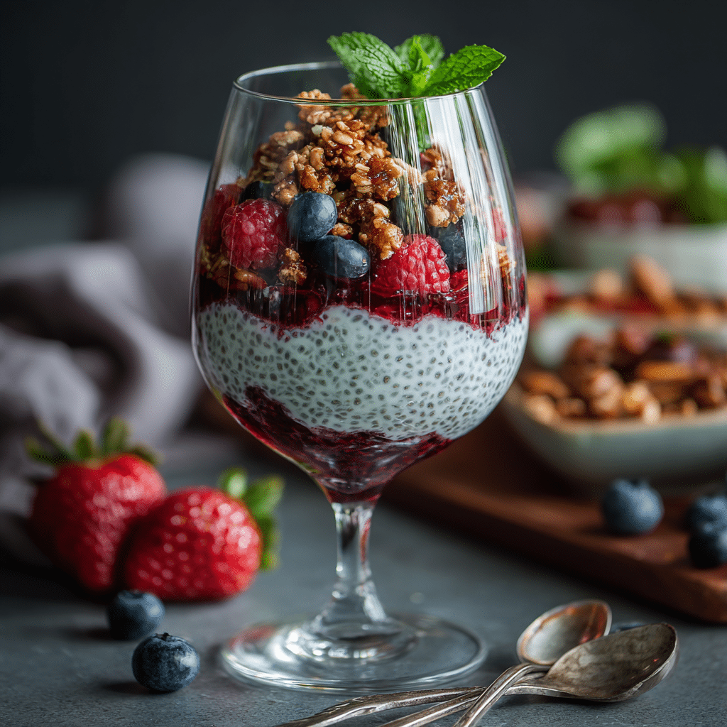 Served berry chia pudding in glass