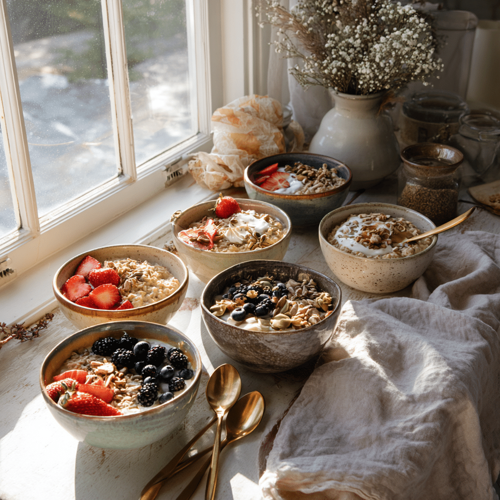 High protein oatmeal varieties in cozy kitchen setting