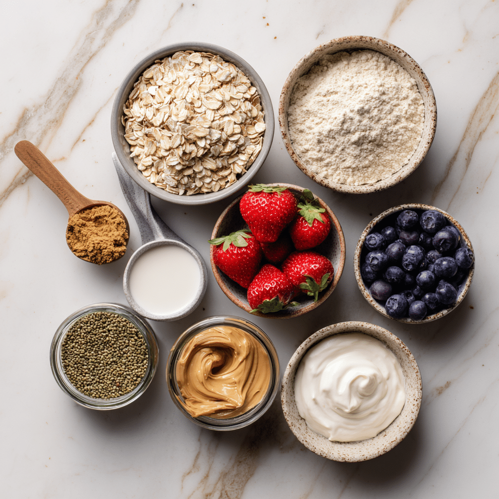 Ingredients for high protein oatmeal on marble counter
