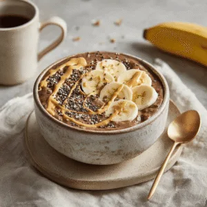 Chocolate peanut butter protein oatmeal served warm