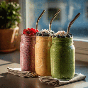 Freshly served morning smoothies with toppings in mason jars
