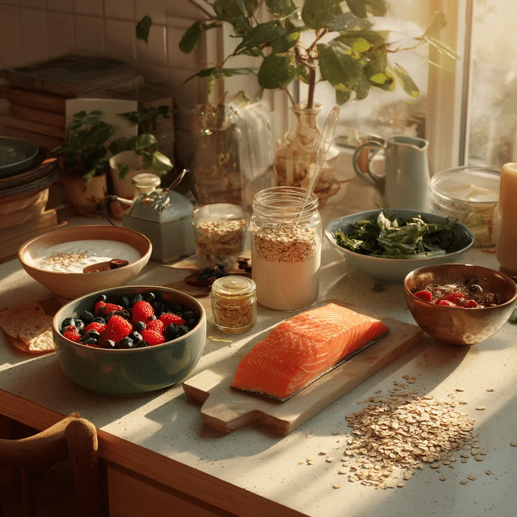 Stress balancing nutrition ingredients on rustic table