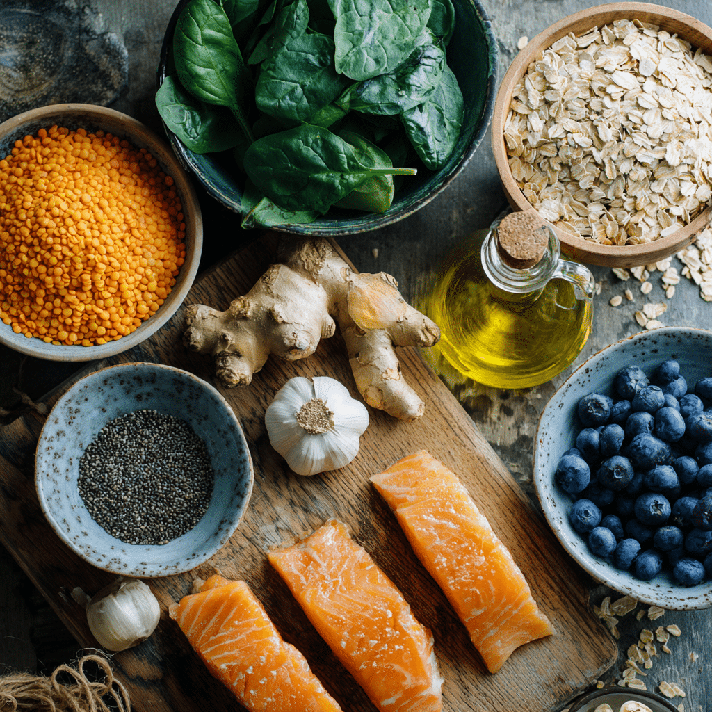 Anti-inflammatory meals prep ingredients displayed on counter