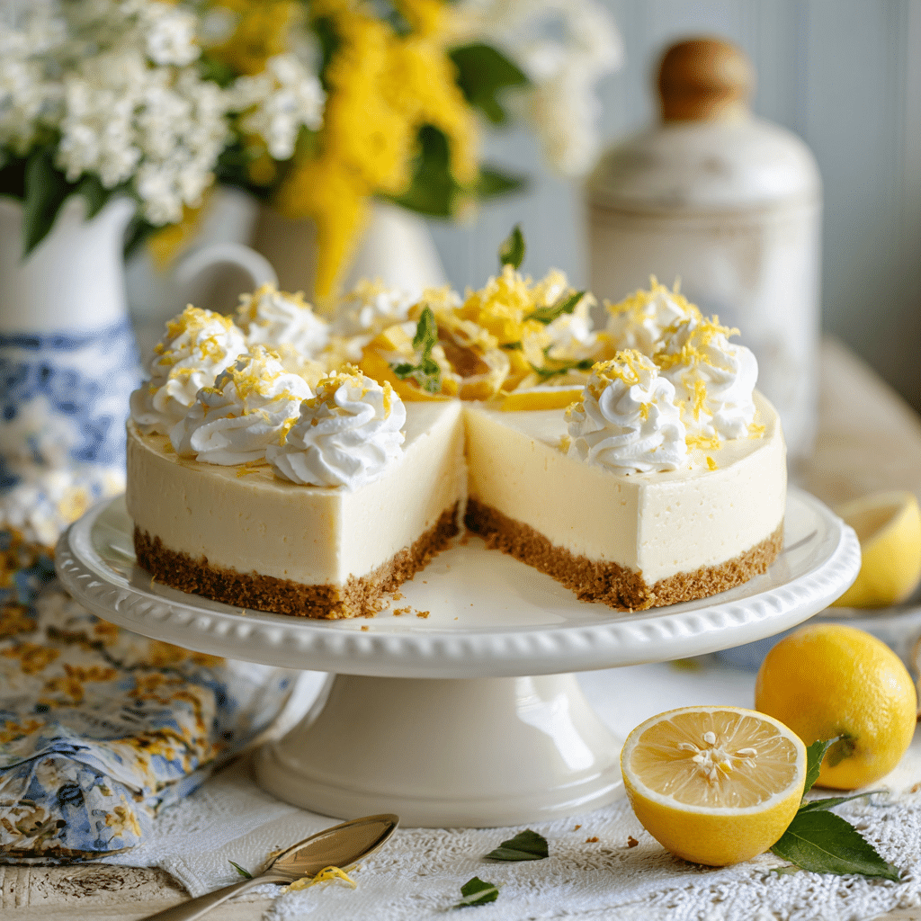 no-bake lemon cheesecake served on cake stand
