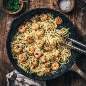 One-pot garlic butter shrimp pasta in skillet