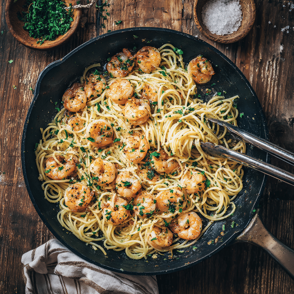 One-pot garlic butter shrimp pasta in skillet