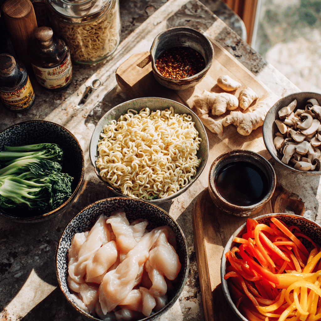 Chicken ramen stir fry ingredients flat lay