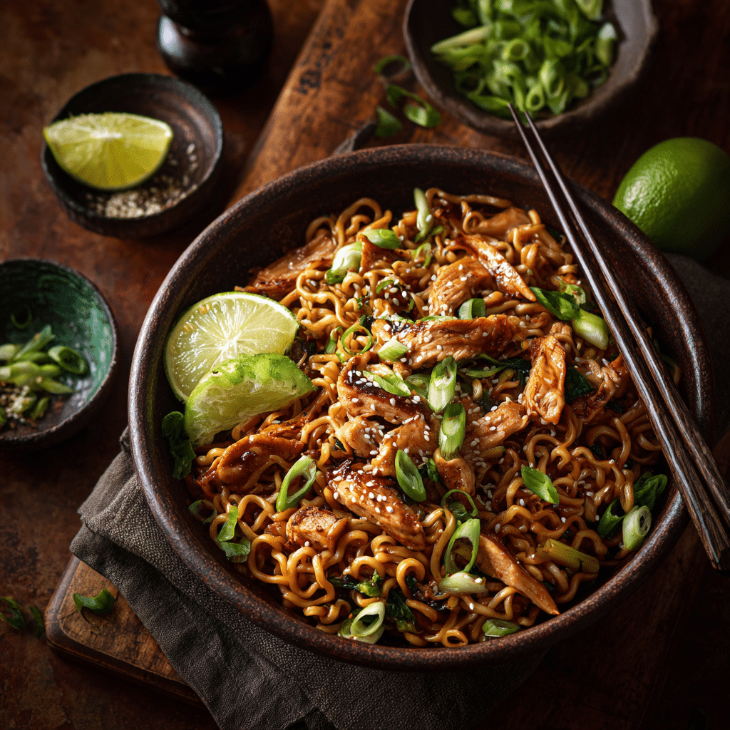 Served chicken ramen stir fry with toppings