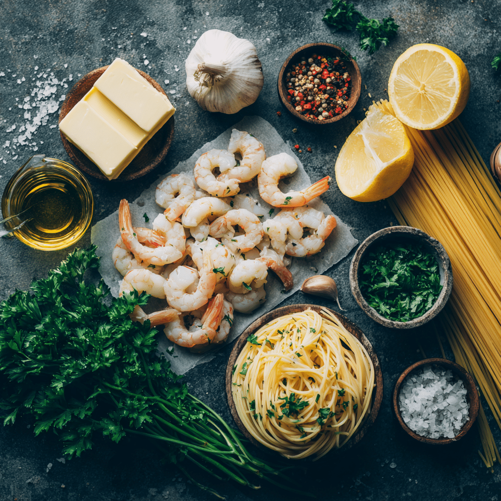 Ingredients for garlic butter shrimp pasta