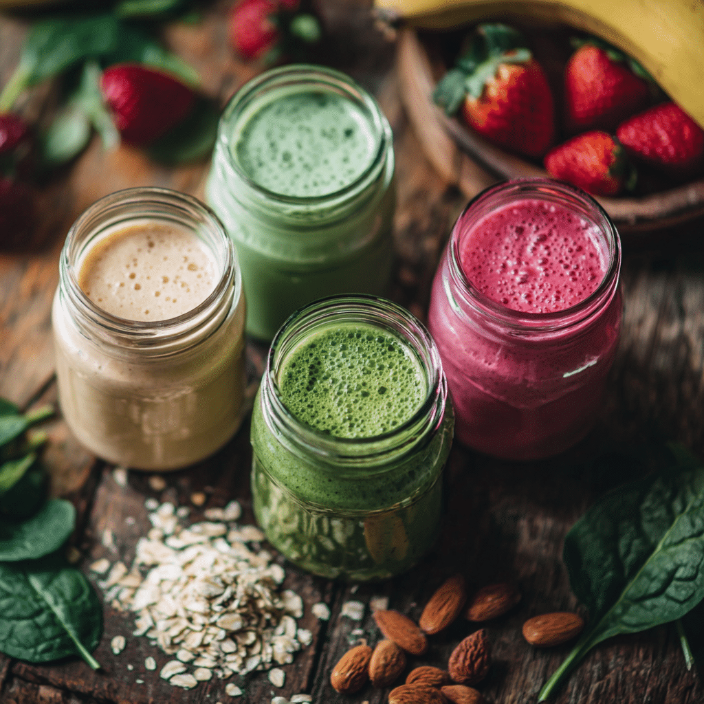 Colorful morning smoothies recipes  with fresh ingredients on a rustic table