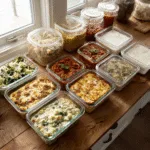 keto freezer meals in glass containers on rustic kitchen table
