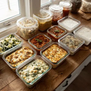 keto freezer meals in glass containers on rustic kitchen table