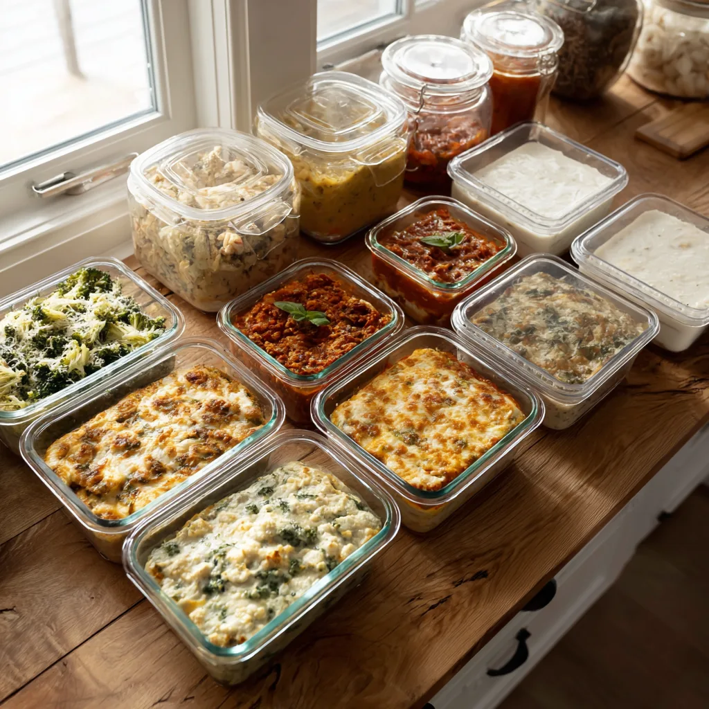 keto freezer meals in glass containers on rustic kitchen table