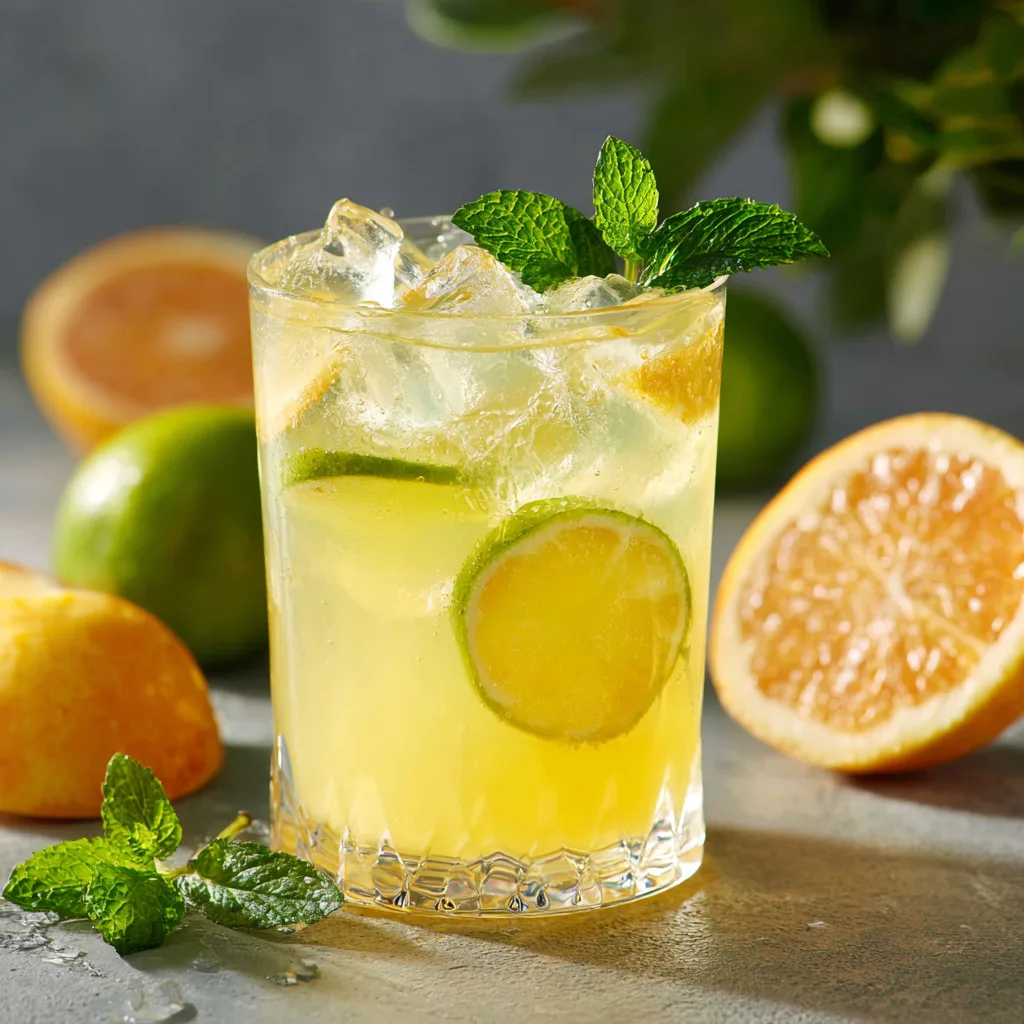 Served homemade electrolyte drinks with citrus and mint outdoors