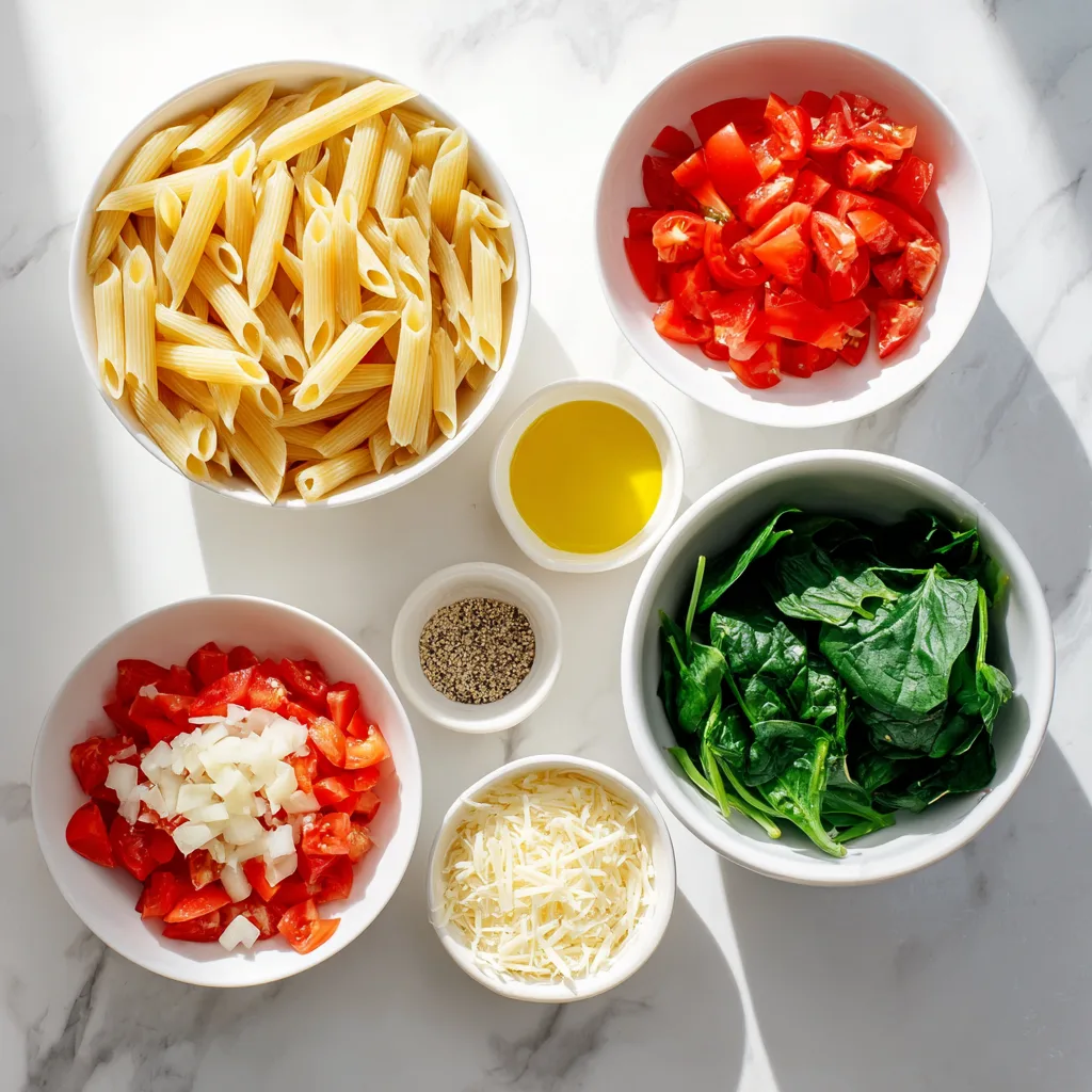 fresh ingredients for one-pot pasta recipes on white surface
