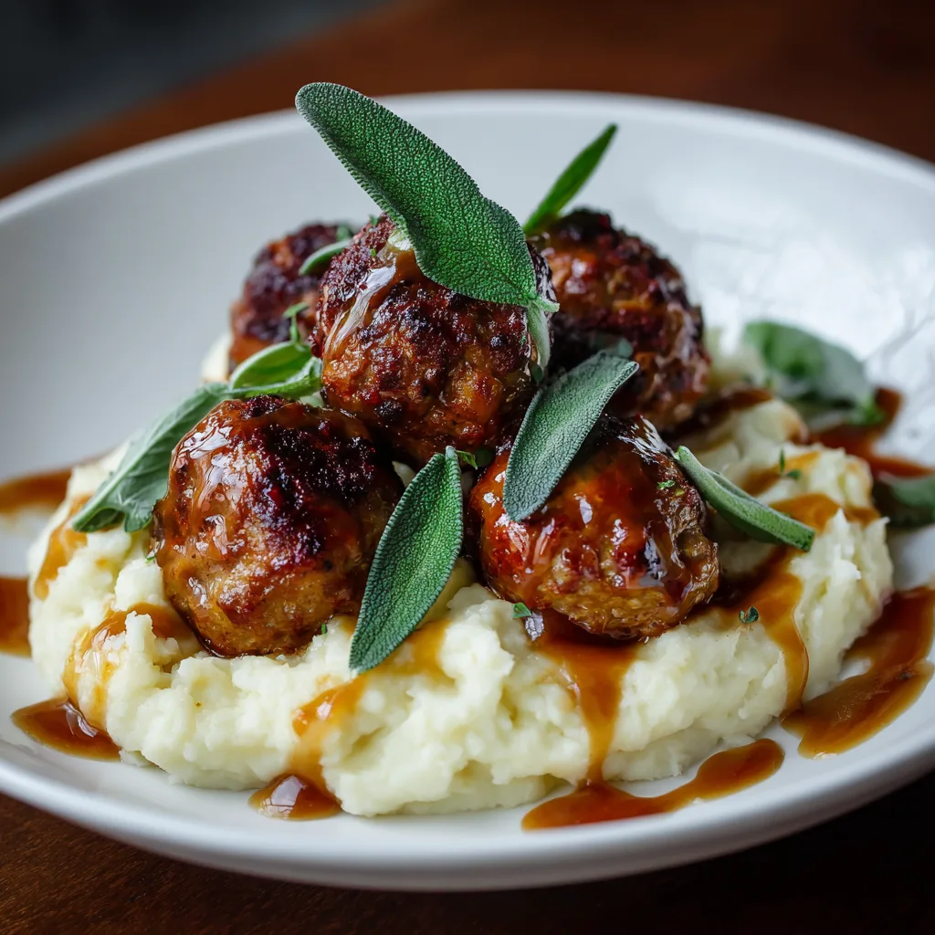 Apple and sage turkey meatballs served over mashed potatoes