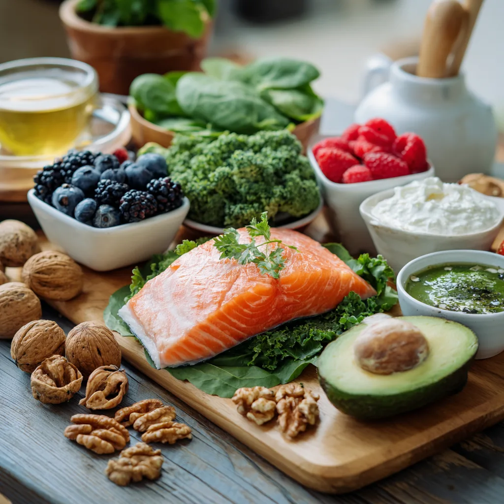 Cortisol balancing foods arranged in a clean kitchen