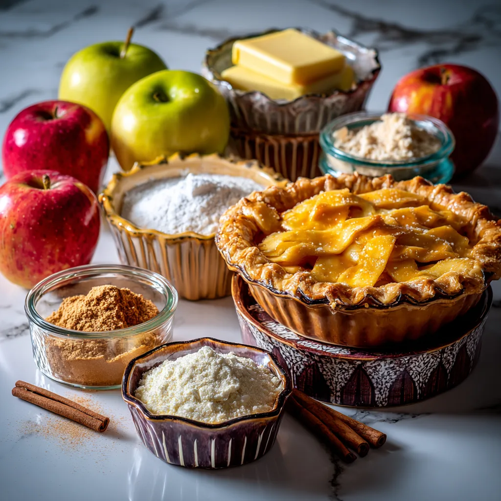 Apple pie ingredients styled on a modern white counter