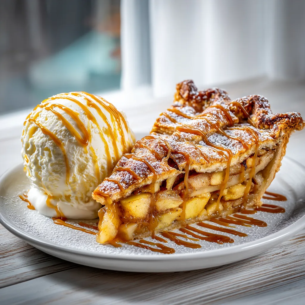 Modern apple pie slice served with ice cream