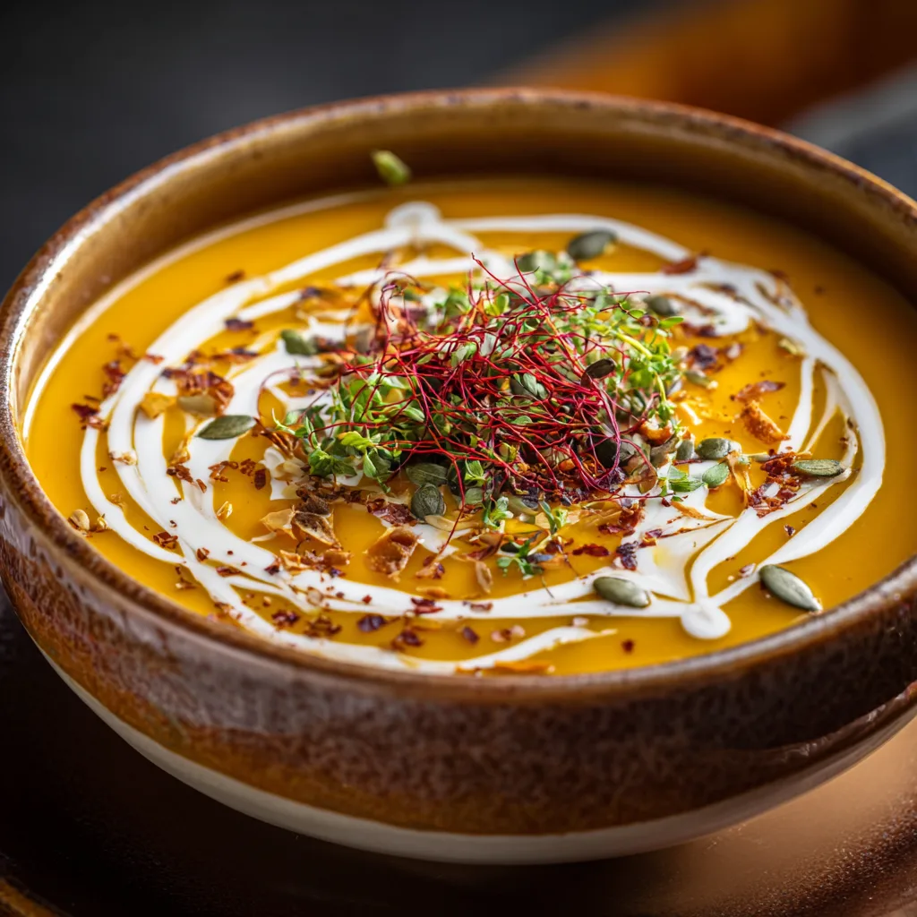 Bowl of butternut squash soup served with garnish and bread