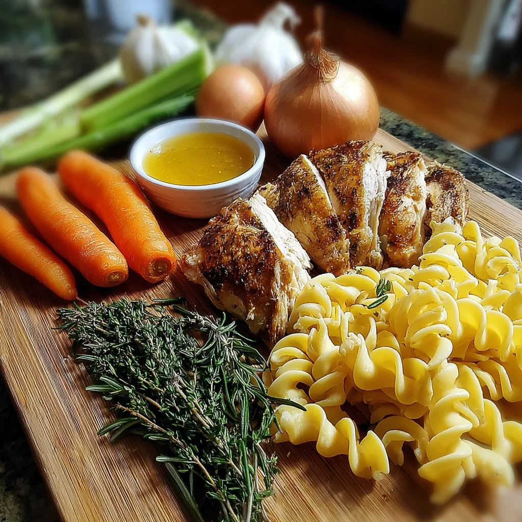 Chicken noodle soup ingredients flat lay with chicken, noodles, and vegetables