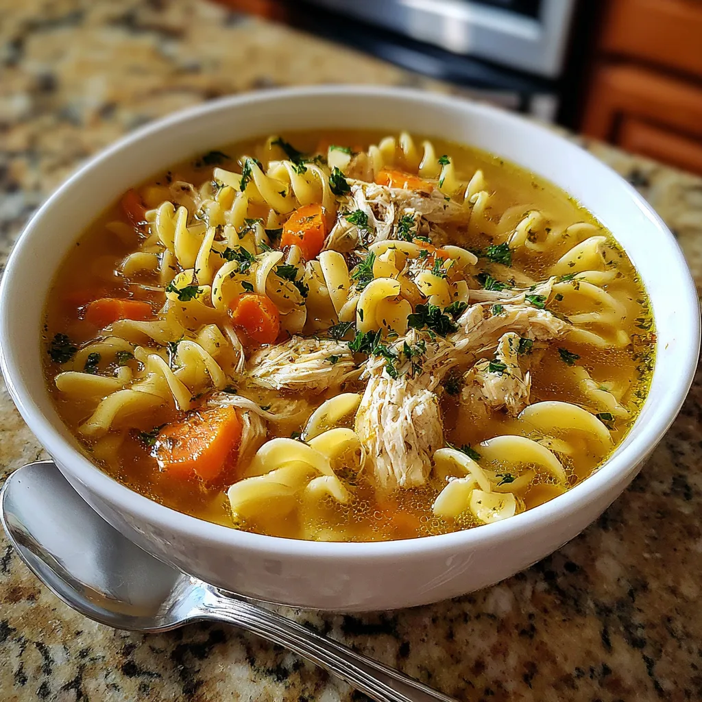 Bowl of homemade chicken noodle soup with herbs and carrots