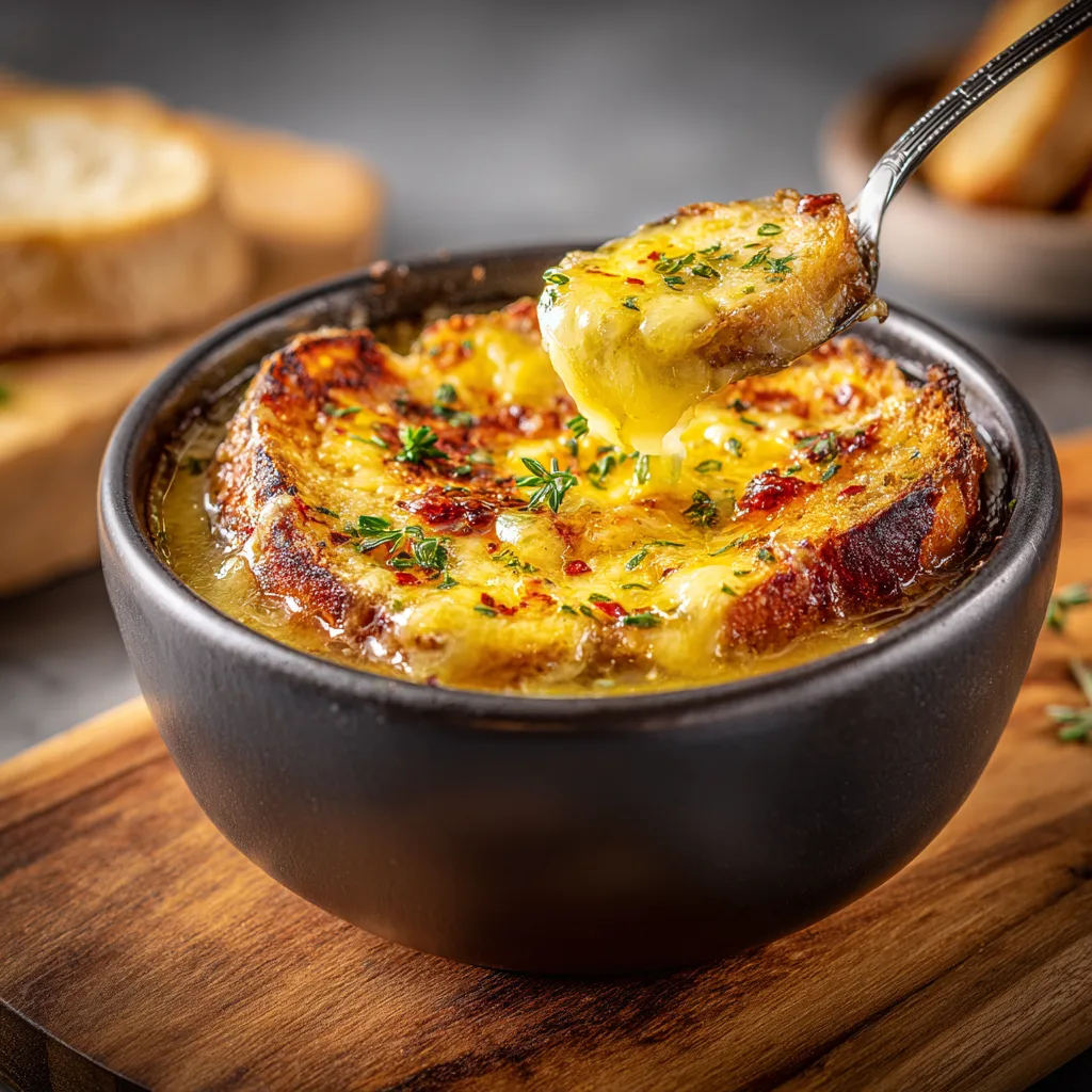 Modern French onion soup recipe with melted Gruyère