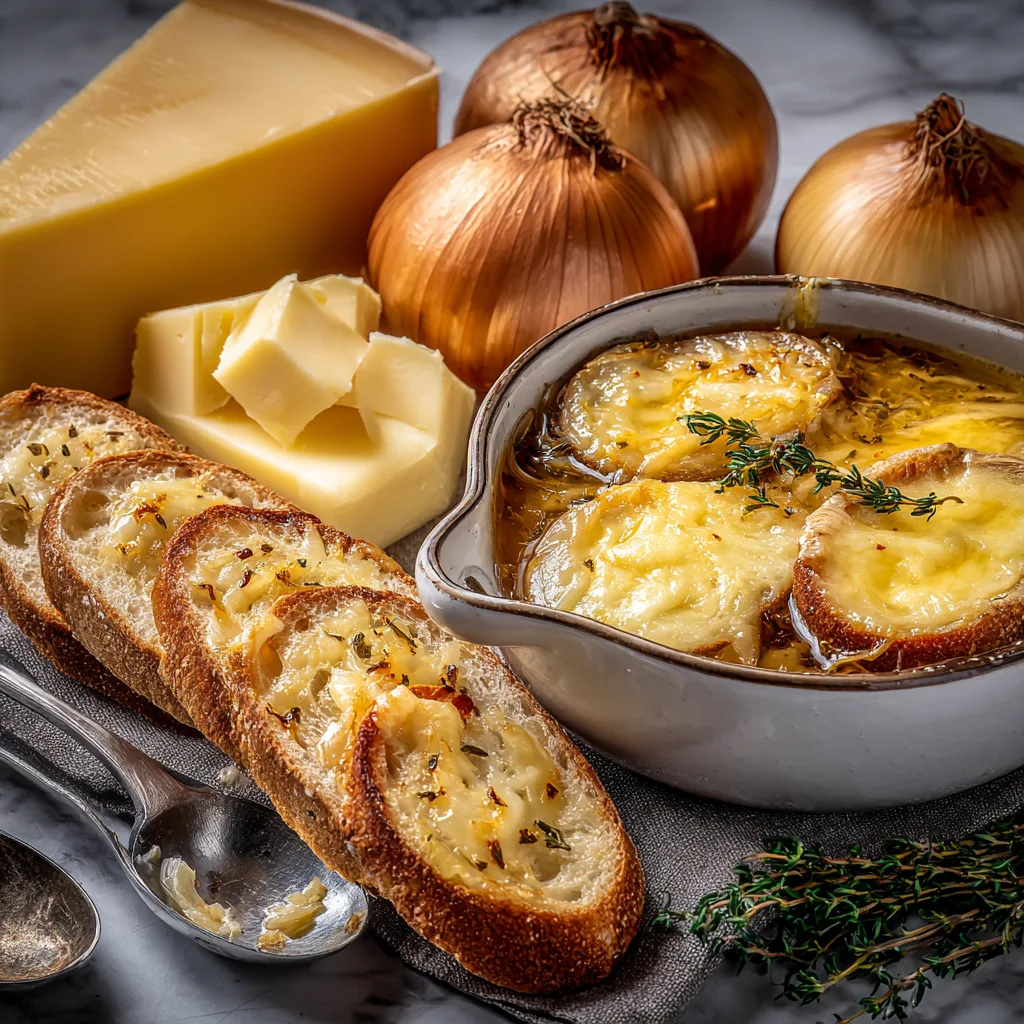 Ingredients for French onion soup recipe on modern marble surface